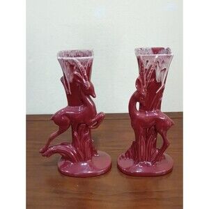 Royal Haeger Art Deco Burgundy Gazelle Vases, Set of 2 - Vintage 50s!